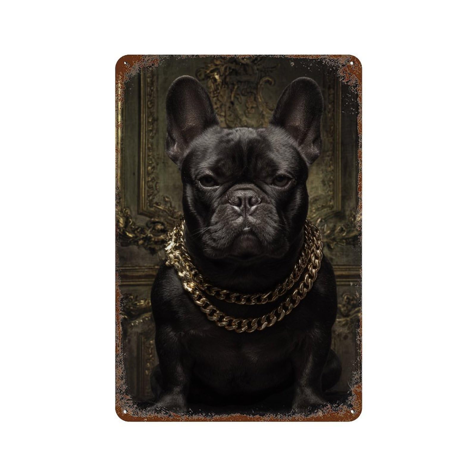 Chic French Bulldog with Gold Chains Decorative Tin Sign 11.8"x7.9", for Bistro, Counter And Cafe Decor, Classic Wall Plaque