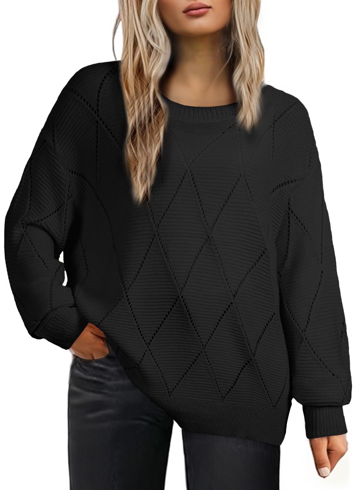 Eytino Plus Size Sweaters for Women Casual Crewneck Long Sleeve Crochet Knit Lightweight Pullover Jumper Tops 1X-5X