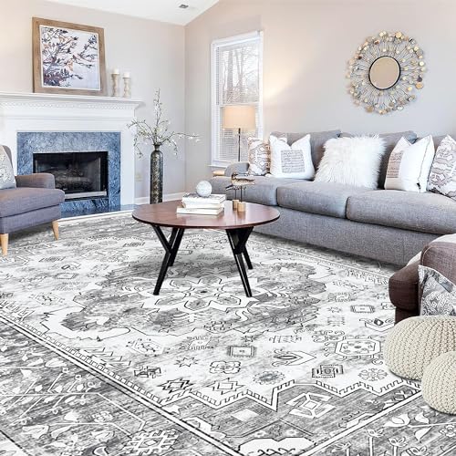 Pauwer Boho Washable Area Rug 8x10 Large Soft Living Room Bedroom Floor Carpet Mat Indoor Farmhouse Vintage Non Slip Accent Throw Rugs for Entryway Kitchen Dorm Dining Room
