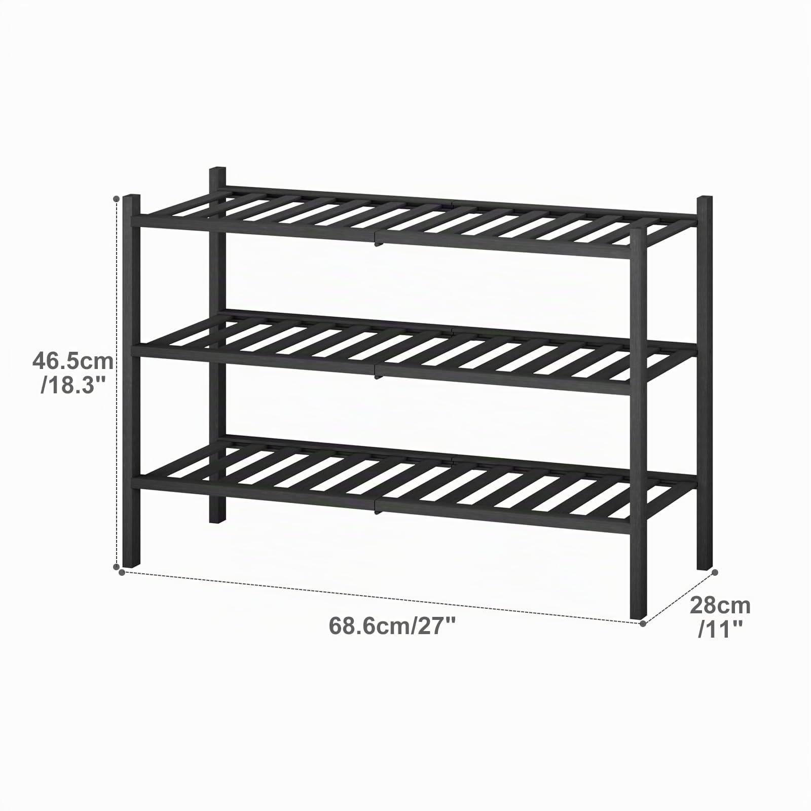 Kitsanery Bambus-schuhregal platzsparend,Schuhständer mit 3 Ebenen,Schuh Regal für Flur, Wohnzimmer, Schlafzimmer (Schwarz, 3 Ebenen(68.3B x 46.5H))