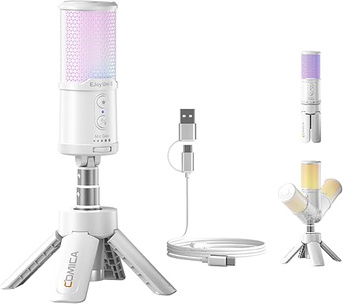 COMICA EJoy Uni S Micrófono de condensador USB con silencio, control de ganancia, iluminación RGB, reducción de ruido y monitoreo en tiempo real
