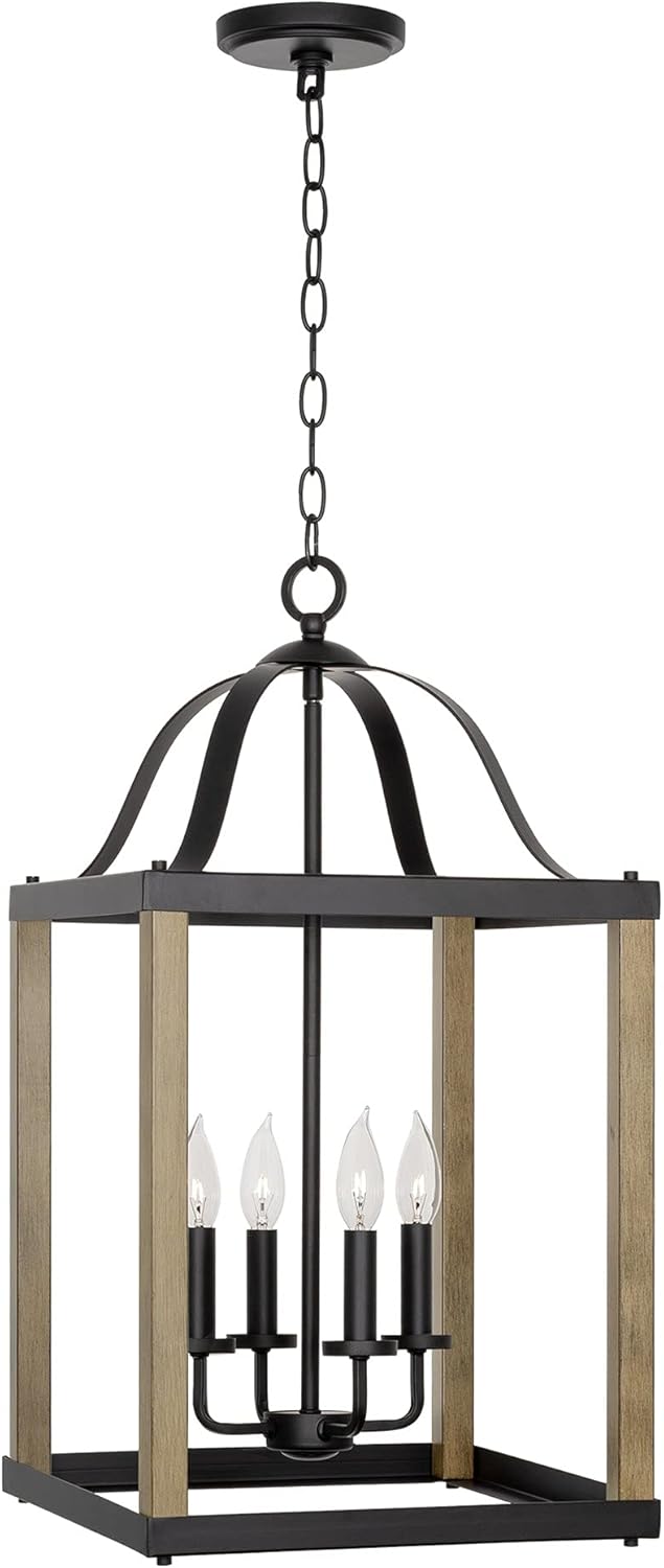 Kira Home Sycamore 26.5" 4-Light Large Rustic Farmhouse Foyer Chandelier, Lantern Pendant Light, Smoked Birch Wood Style + Black Finish for Dining Room, Kitchen Island, Foyer or Stairway