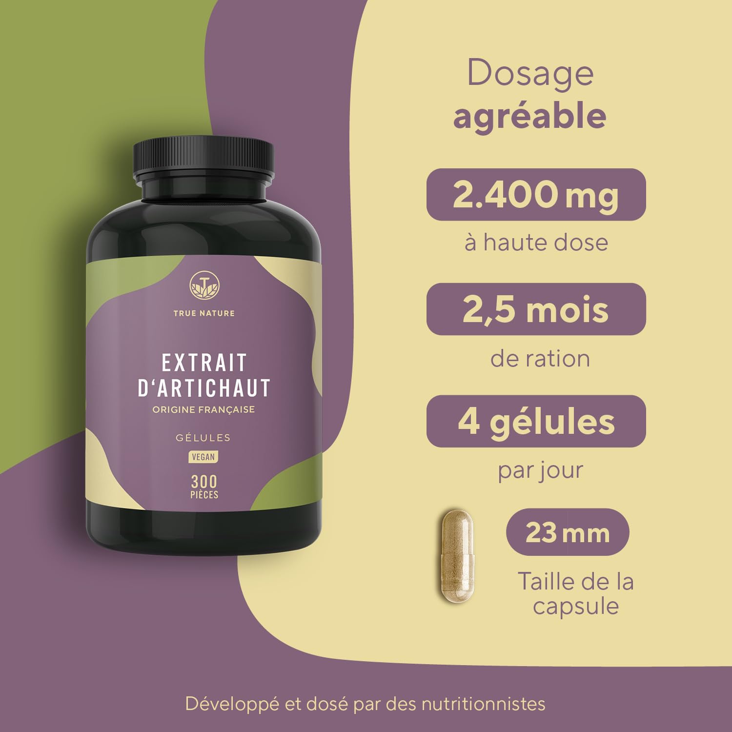 Extrait d'Artichaut Français - 2.400mg avec 2,5% Cynarine - 300 Gélules (2,5 mois) - Confort Digestif, Foie & Détox - Vegan - Sans: Additifs, Lactose & Gluten - TRUE NATURE