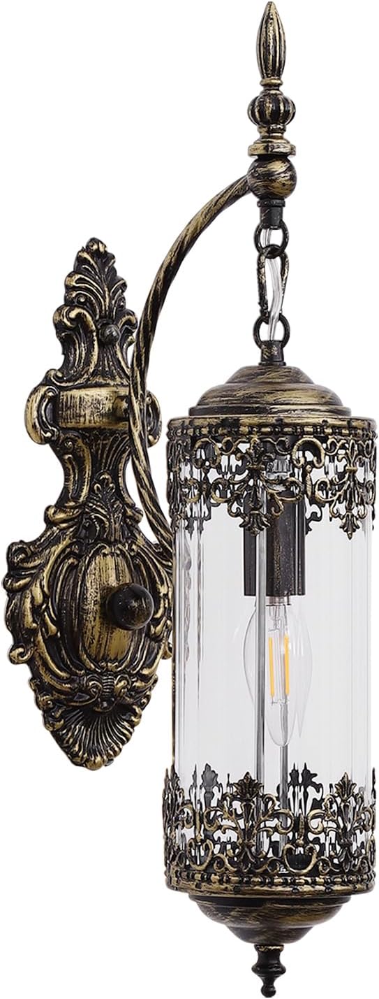 Vintage Wall Sconce with Glass Shade, Rustic Black Brushed Gold Farmhouse Wall Light Fixture, Antique Gothic Decorative Metal Wall Lamp for Hallway, Bedroom, Living Room, Entryway