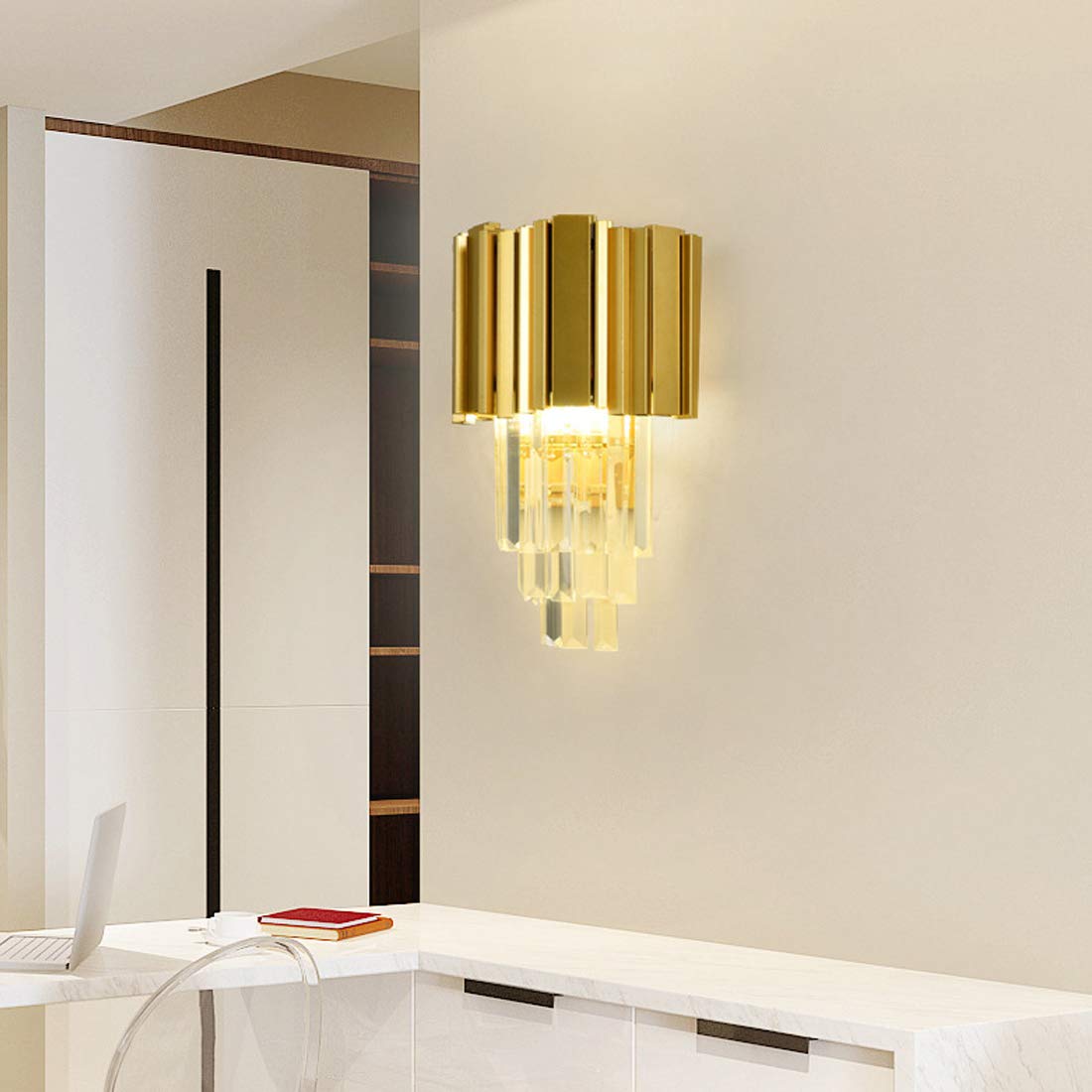 LED E14 Wandleuchte Kristall Modern Schlafzimmer Wohnzimmer Korridor Flur Lampe, Golden Wandlampe 2-Flammig Rechteck Wandlichter Kreativ für Küchen-insel Esszimmer Arbeitszimmer Villa Treppen, 22*40cm