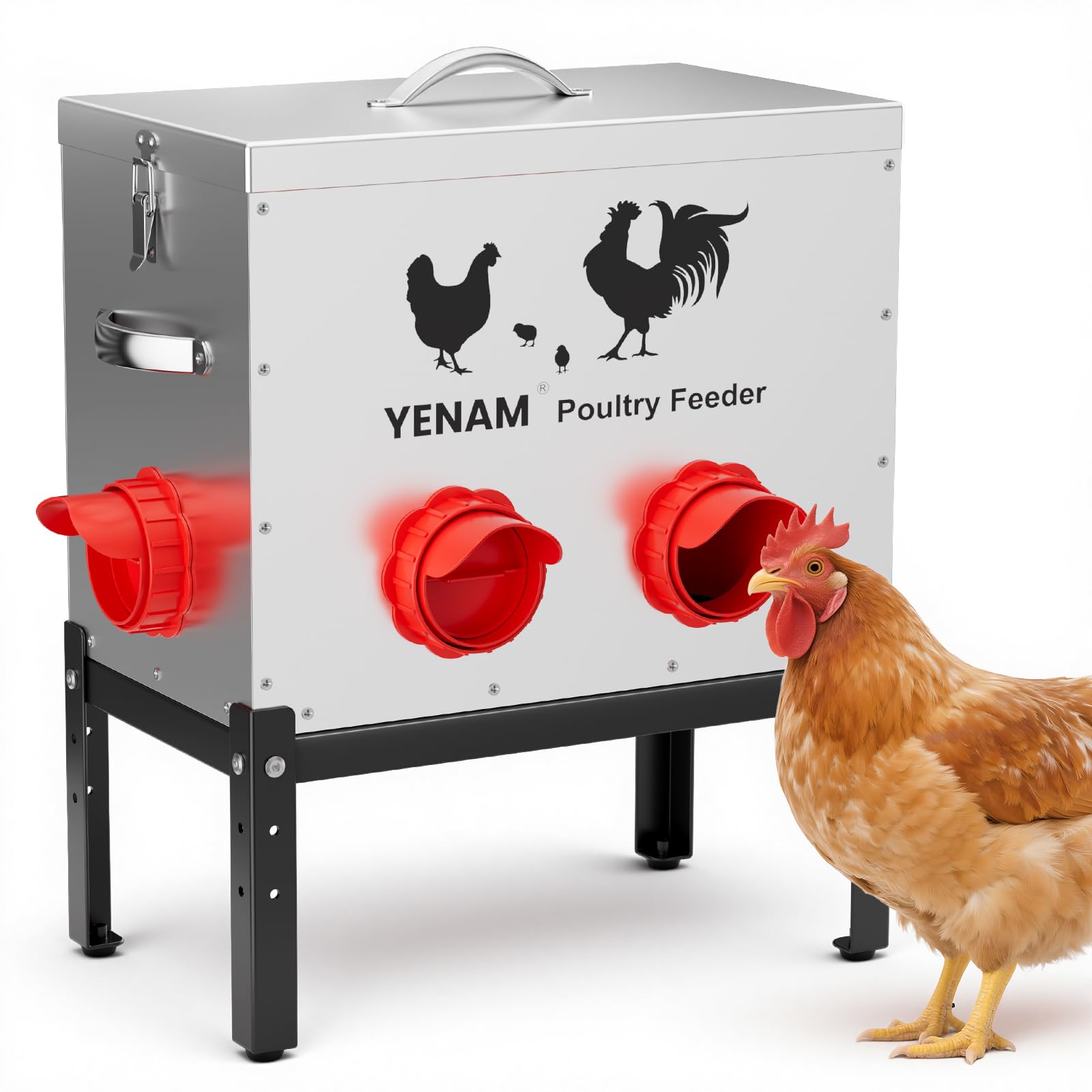 40 lb Automatic Chicken Feeder No Waste, 6 Feeding Port Large Metal Chicken Feeders, Poultry Feeder with Adjustable Height Base & Locking Lid, Rat Proof Chick Feeder for Chickens, Ducks & Geese