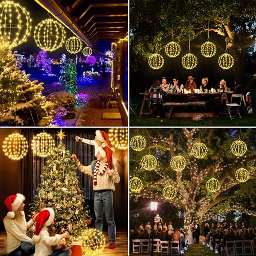 Joomer Outdoor Christmas Ball Lights Battery Operated 33cm 144 LED and 28cm 120 LED Hanging Ball Lights Foldable Sphere Timer 8 Modes for Indoor Party Room Balcony Decorations(2PC, Warm White) - Image 6