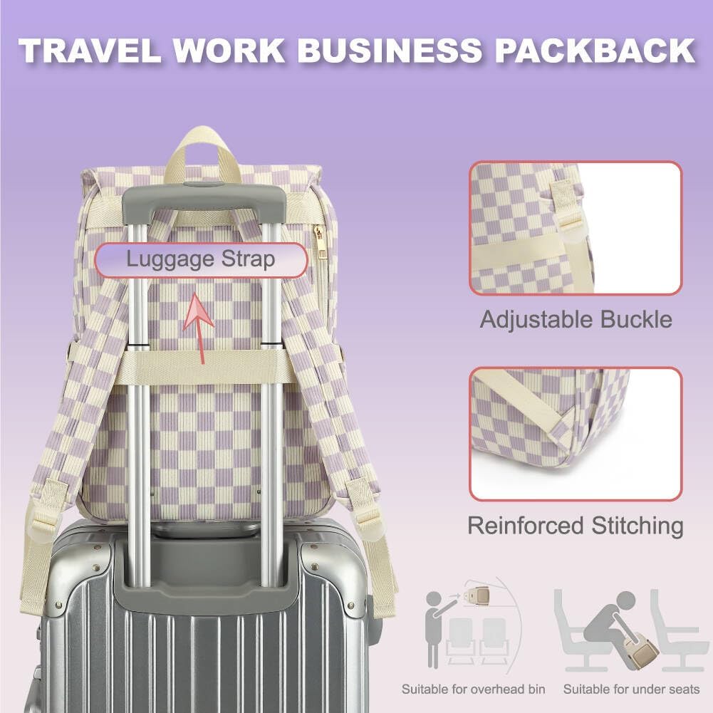 Women Laptop Backpack, Corduroy 15.6" Travel Backpack for Work College Business, Teacher Nurse Bag with Large Capacity School Bookbag Bags for Girls - Checkered Purple