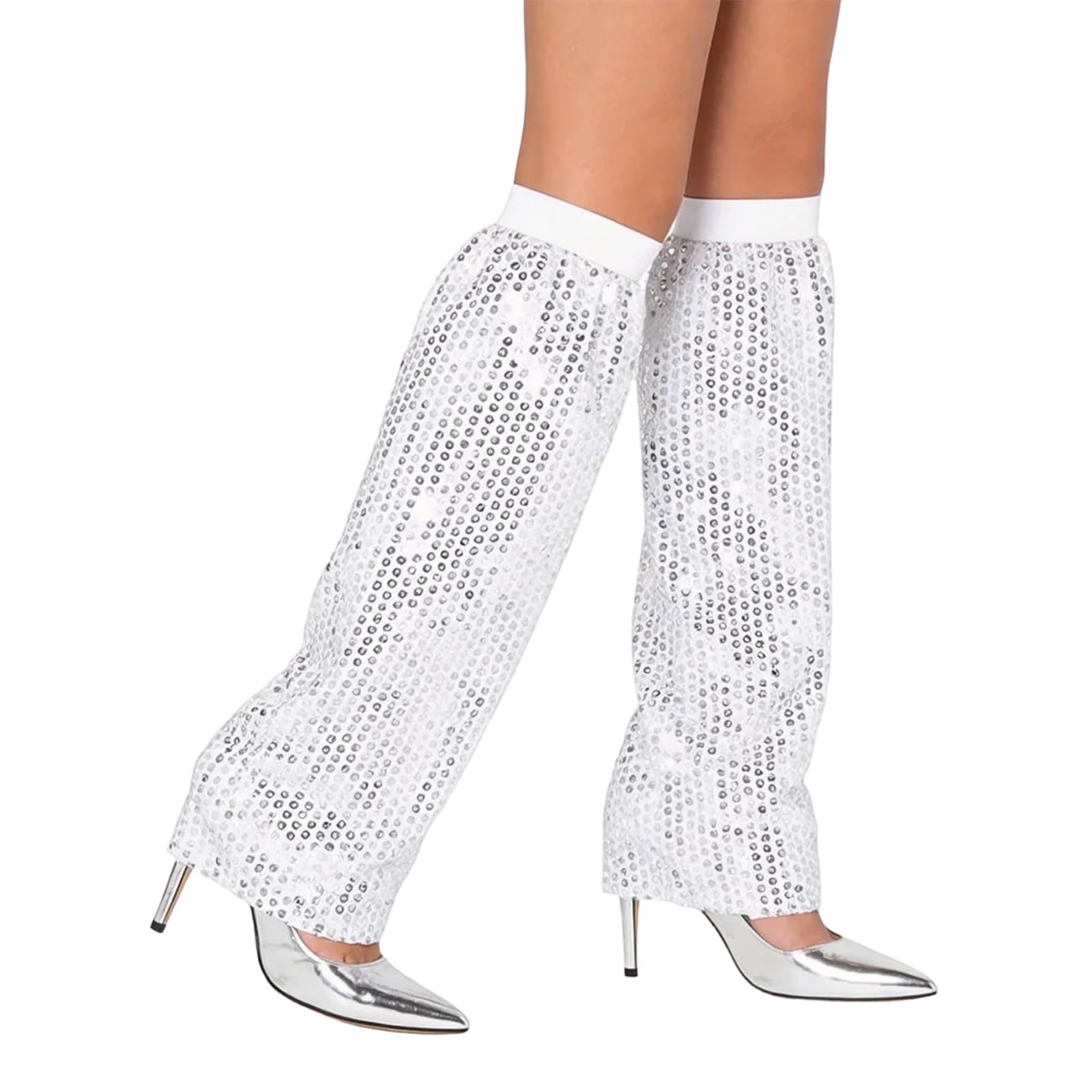 Sparkly Sequin Leg Covers, 70s Disco Style Retro Gaiters for Carnival, Theme Parties, Unisex Silver Fancy Dress Accessory