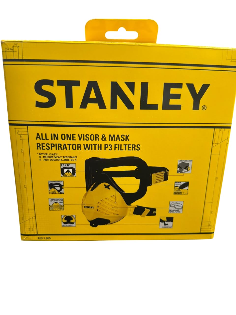 Stanley Technologia Combo-Visor Fit-Check i maksymalna 99,99% -P3 dopasowane filtry w zestawie gogle i do prac budowlanych, cienka maska piaskowa z oddychaniem, żółta, unisex, Żółty, Visor and Dust