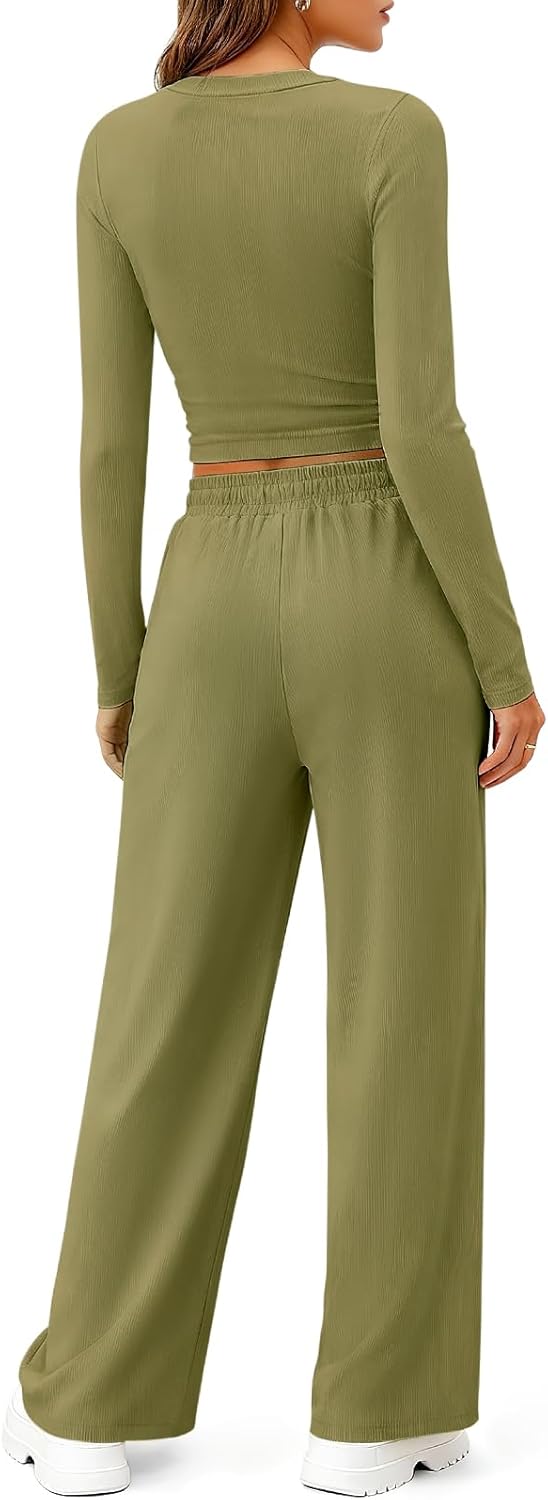 Womens 2 Piece Lounge Set Matching Travel Fall Outfits Long Sleeve Crop Top Wide Leg Pants - Image 3