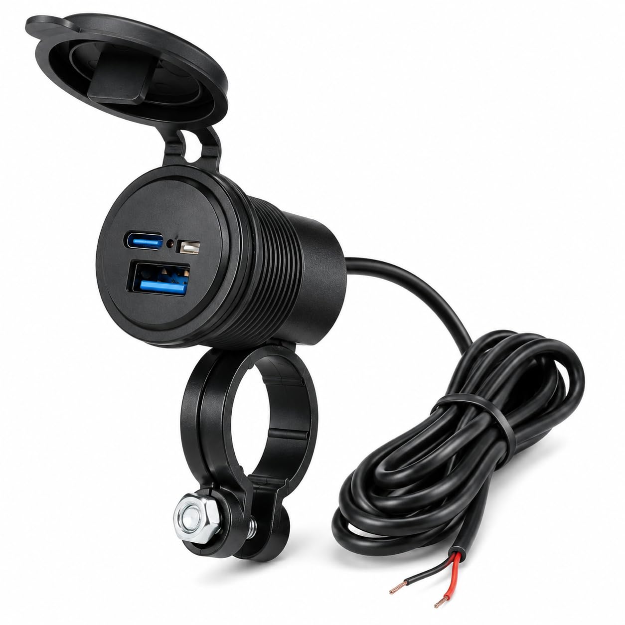 motorcycle usb charger with type-c pd & usb-a qc 3.0, dual port fast charging socket with on/off switch, waterproof cap & 22mm handlebar clamp for bike & scooter, black