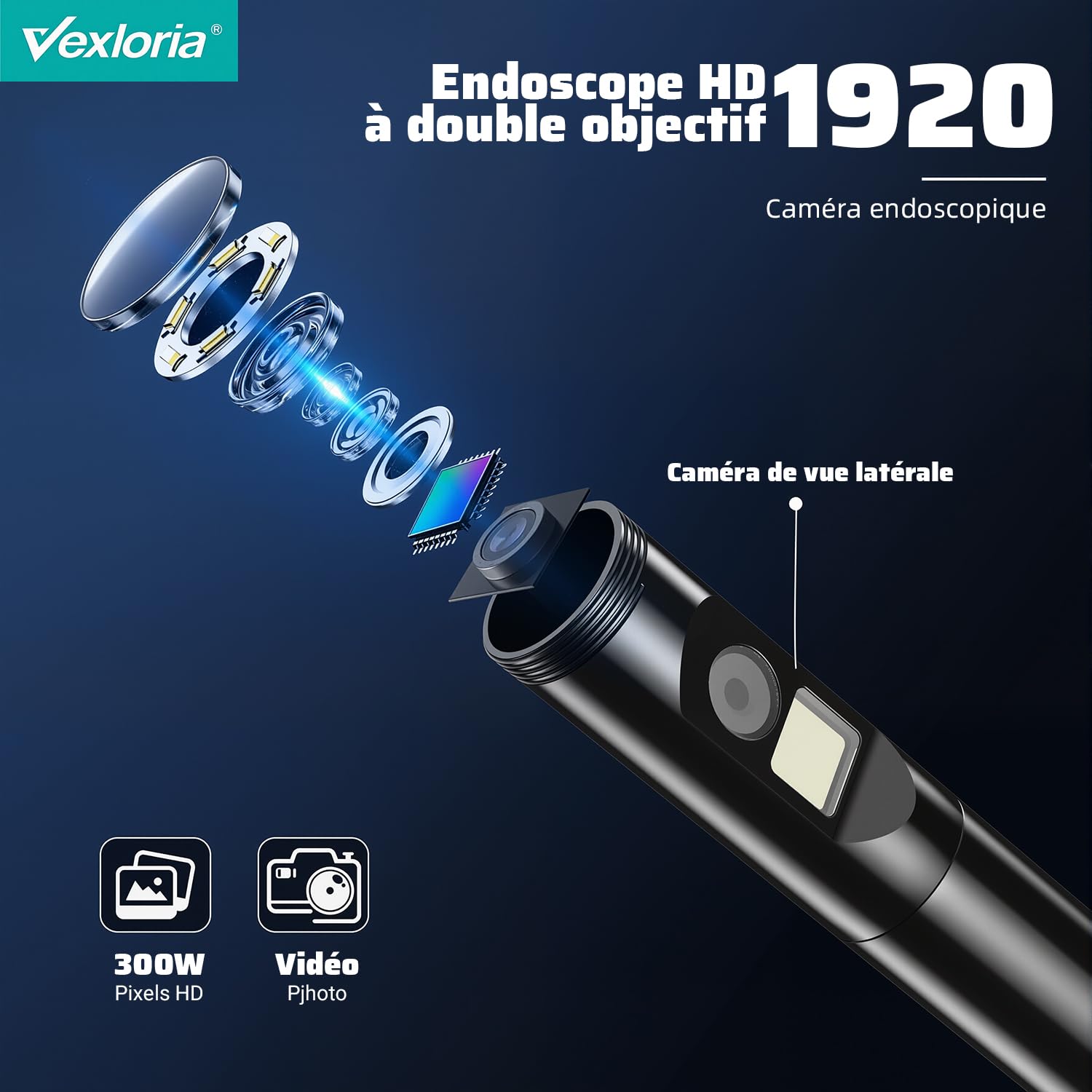 Vexloria Endoscope D'inspection, Camera Endoscopique 1920P HD Serpent Double Objectif, Endoscope Type C, IP68 Etanche Caméra avec 8 Lumières LED pour Smartphone Android et iOS, iPhone, iPad (5 M)