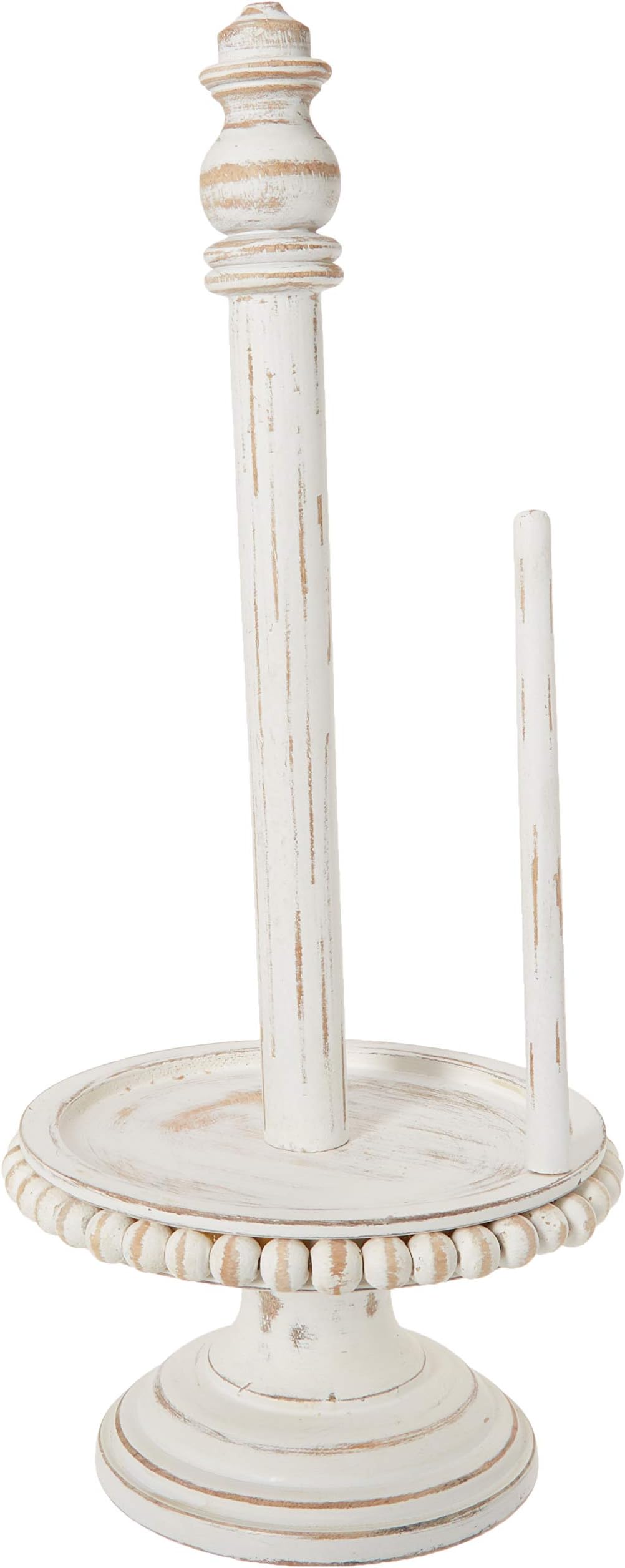 Mud Pie 47100002 Farmhouse Washed Beaded Wood Pedestal Paper Towel Holder, 16" x 6" Dia, White, Grey