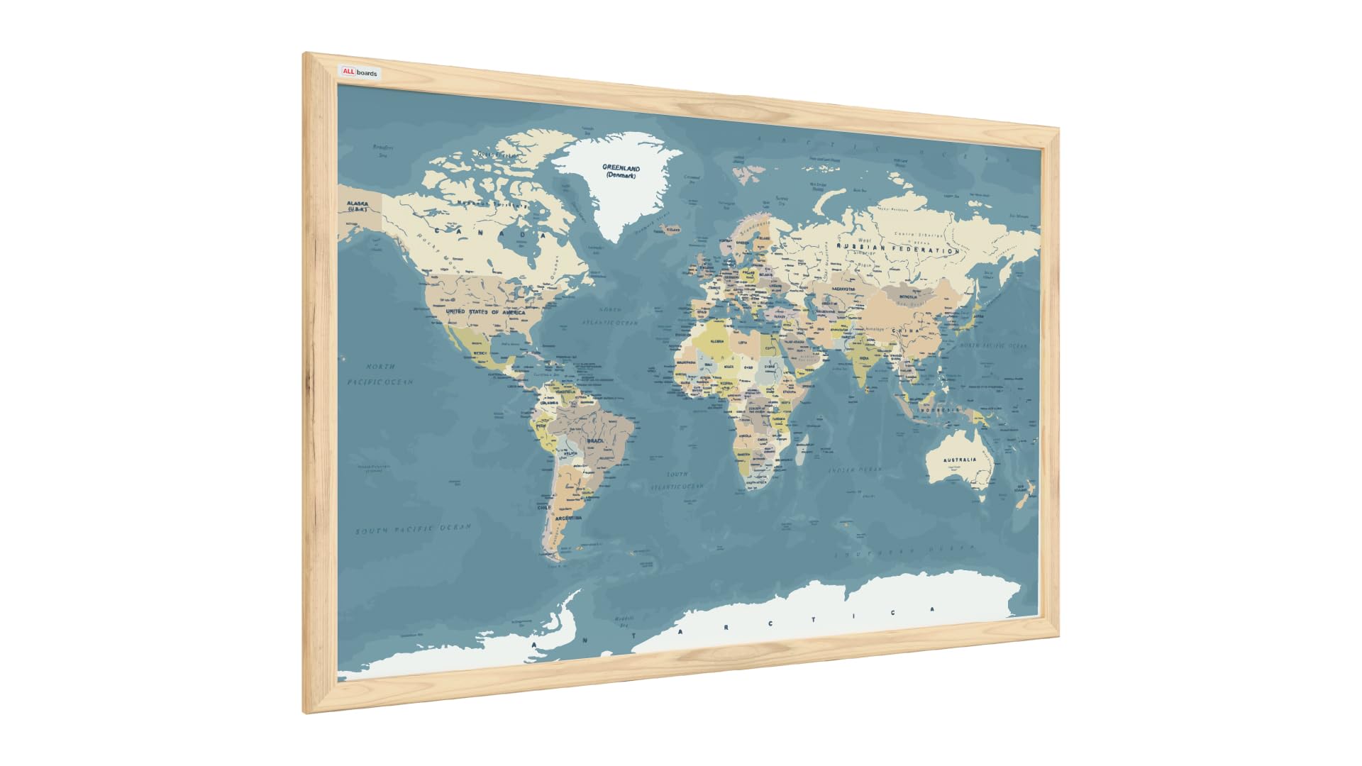 ALLboards Tableau magnétique image carte du monde couleurs pastels 60x40cm dans un cadre en bois naturel