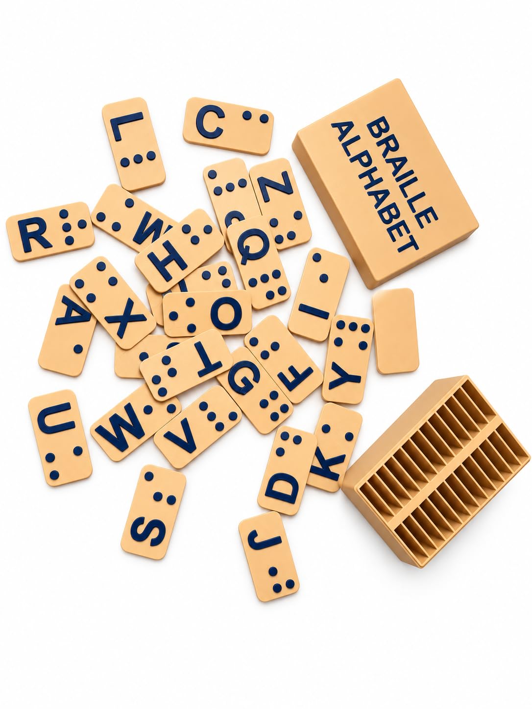 Braille Alphabet Learning Toy Set for Blind & Visually Impaired Kids, Tactile Braille Letter Cards with Storage Box, Montessori Sensory Educational Toy, Orange (Upper-Case Beige & Navy)