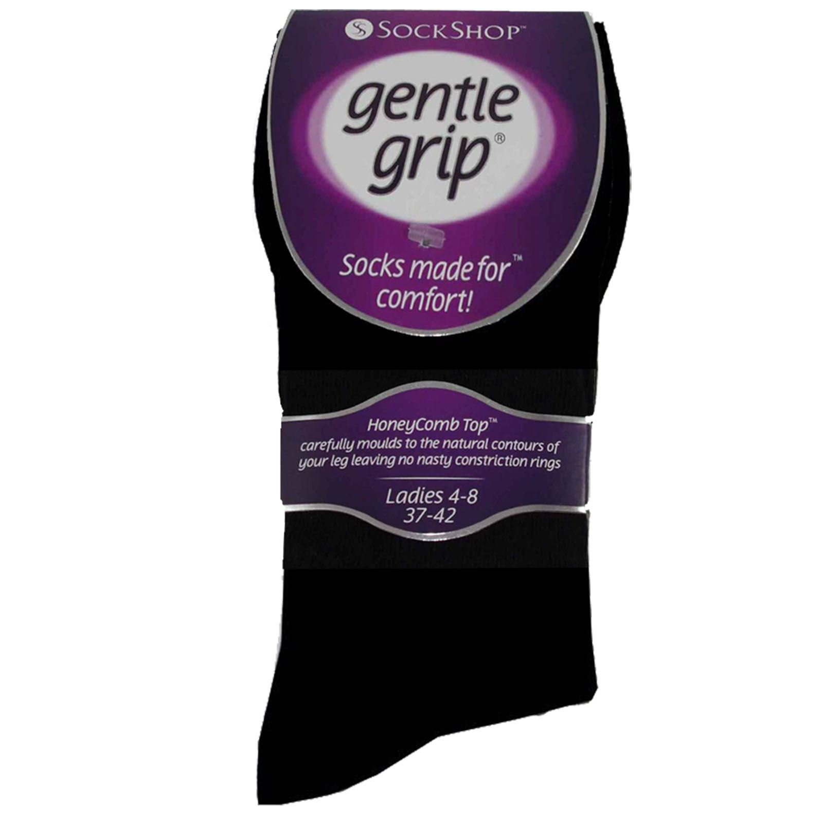 Gentle GripSock Shop Mens 6-11 Ladies 4-8 Gentle Grip Honeycomb top SocksBlack[Ladies Pack Of 3 ,UK 4-8]