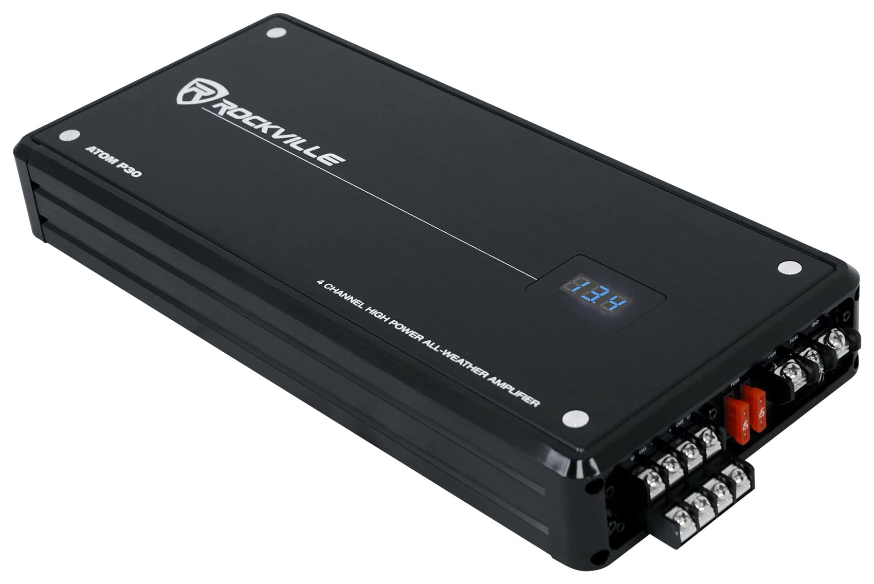 Rockville Atom P30 2400w 4-Channel Marine/ATV/Car Amplifier+Volt Meter Bundle with Amp Kit (2 Items)