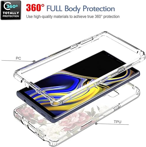 Miniatura 3 de Funda para Galaxy Note 9, Samsung Note 9 N960U con protector de pantalla de vidrio templado, bonito patrón floral transparente de cuerpo completo,