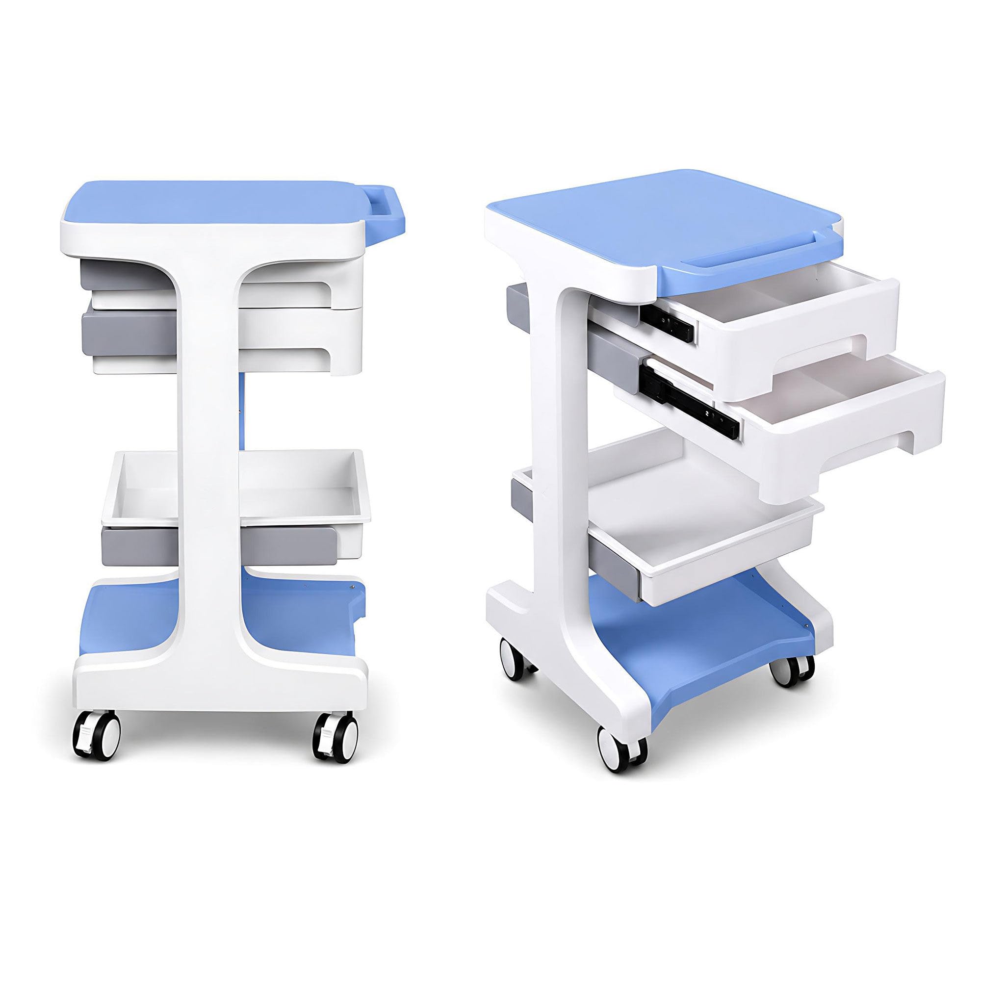 Carrito laboratorio 3 pisos 2 cajones, 50 kg, frenos, para estética Blue | Diseño compacto que ahorra espacio. Ideal para hospitales, clínicas, centros de estética, peluquerías y laboratorios.