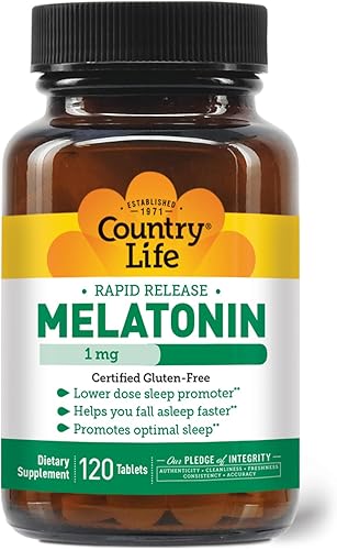 Country Life Melatonina, promueve un sueño óptimo, 1 mg, 120 tabletas, certificado sin gluten, certificado vegano, verificado sin OMG