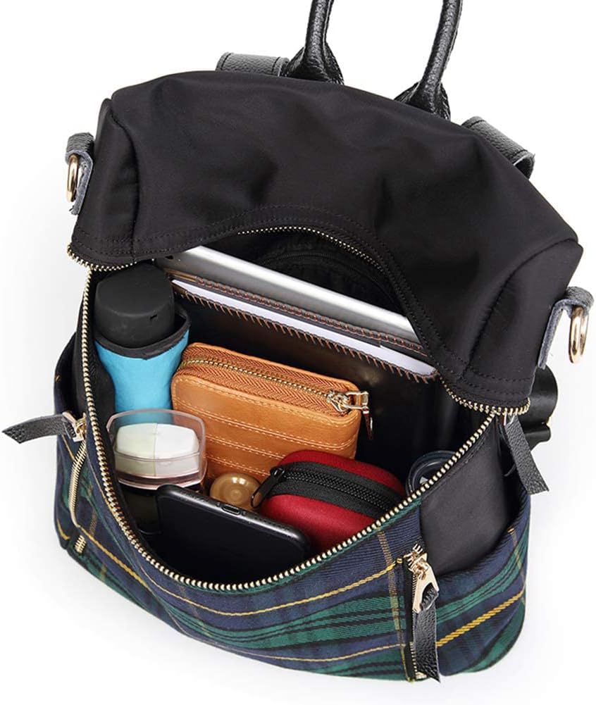 Plaid Backpack Purse for Women Fashion Casual Daypack Dual-use Travel Shoulder Bag Nylon Rucksack (Green Plaid)