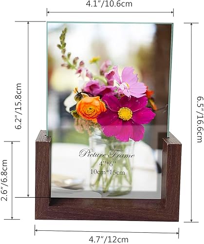 Miniatura 2 de RLAVBL Juego de 2 portarretratos de 4 x 6 pulgadas, marcos de fotos rústicos de vidrio templado de doble cara con base de madera para mesa o