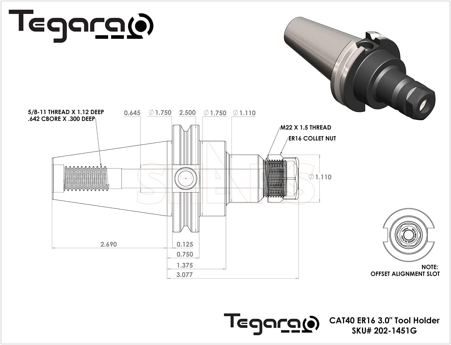 Tegara CAT40 ER16 3.0 in. Collet Chuck Tool Holder 4 pcs 202-1451G-4 M[