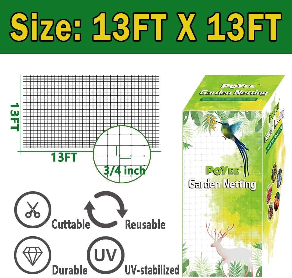 POYEE Garden Netting - 7 x 65 FT Heavy Duty Garden Net for Vegetables and Fruit Trees