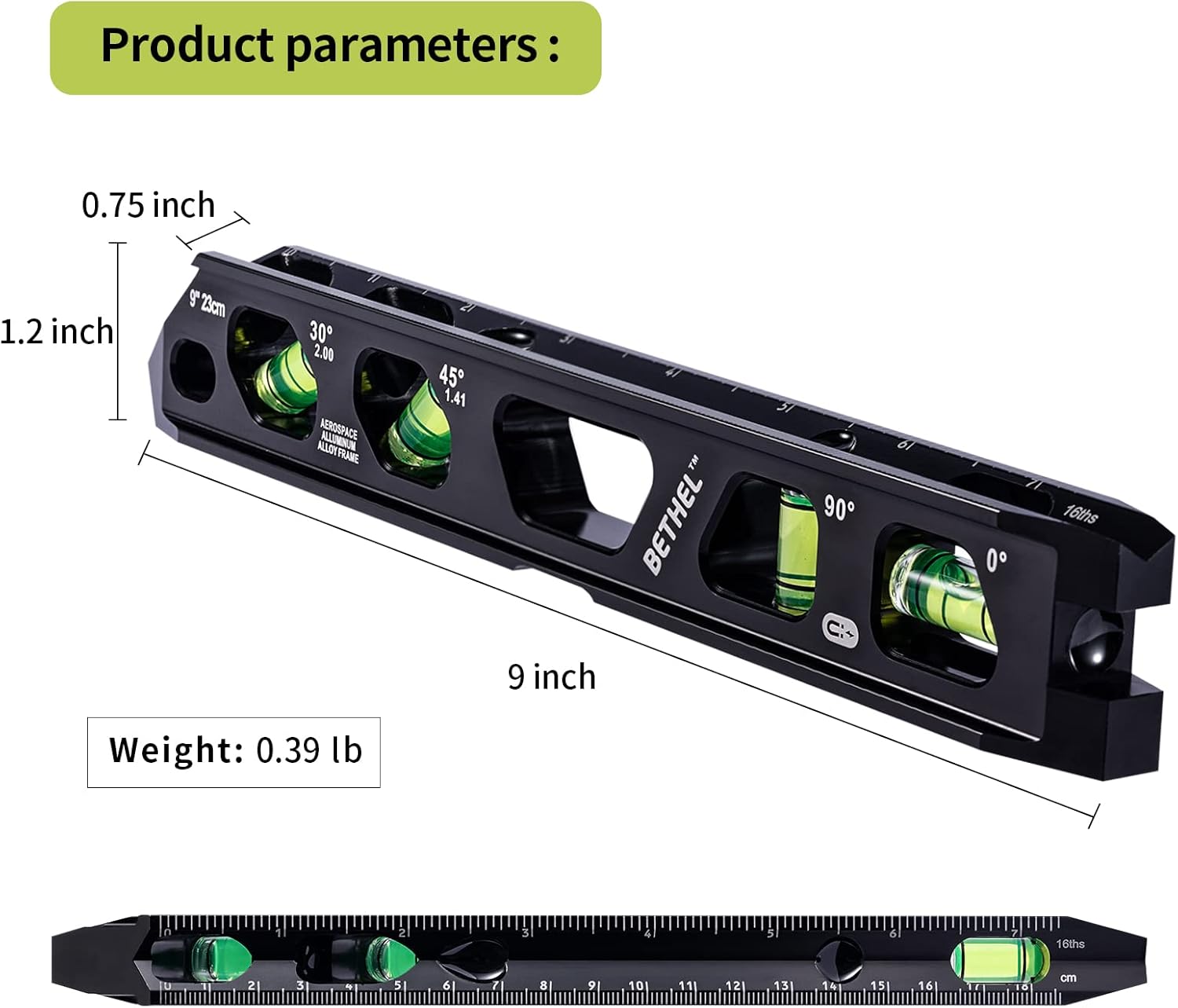 BETHEL Torpedo Level, Magnetic Conduit Level with 4 Vials, V-Groove and Magnet Track,Aluminum Alloy Construction, High Viz Black (9 inch)