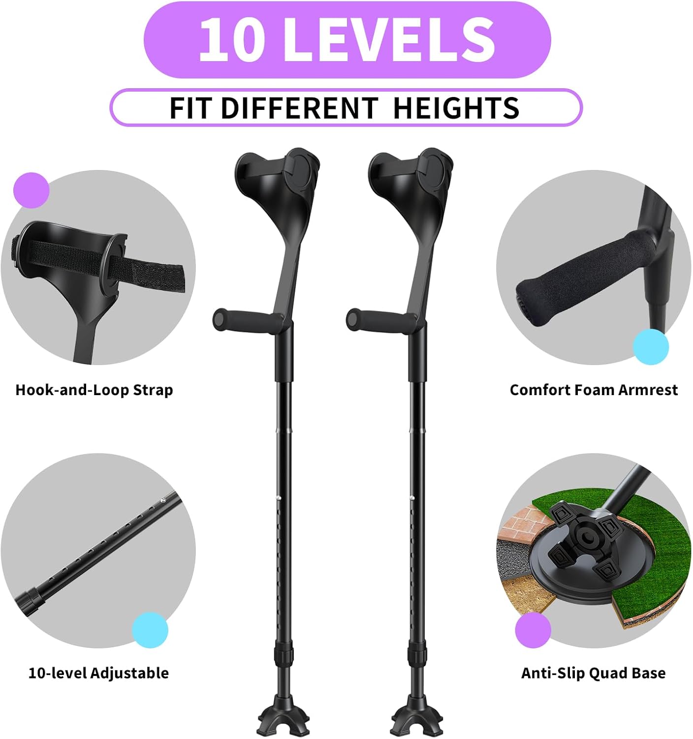 Forearm Crutches for Adults, Folding Ergonomic Elbow Crutches, Non-Slip Crutches for Walking, Crutches for Leg Injury, Surgery Recovery, Disabled Fits 4'11" to 6'1", with Adjustable Strap, FUSHIDE
