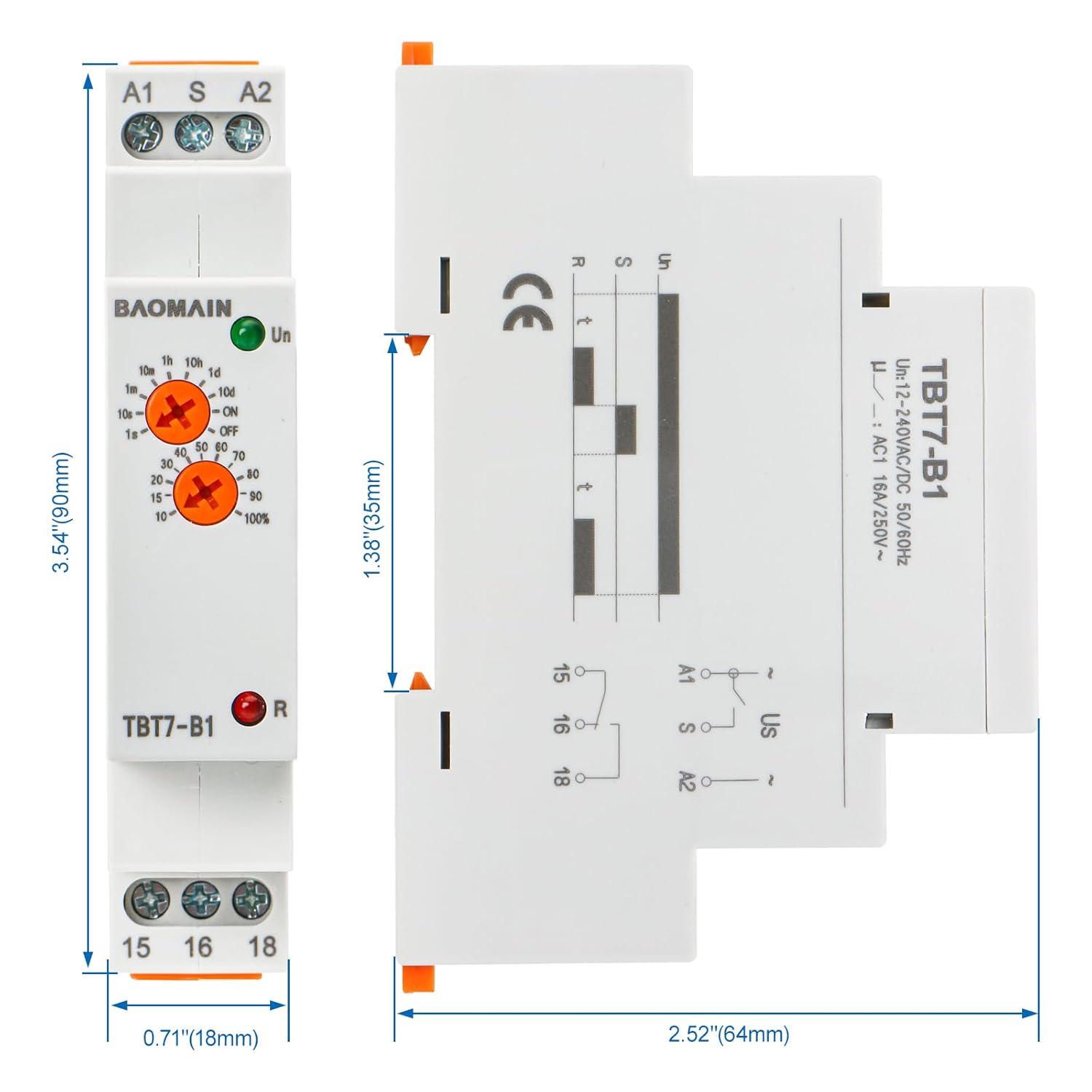 Baomain Multi-Function Time Relay, 16A/AC250V, Delay ON SPDT, DIN Rail Mounting Timer Relay (1-SPDT, 12-240VAC/DC) (Pack of 2)