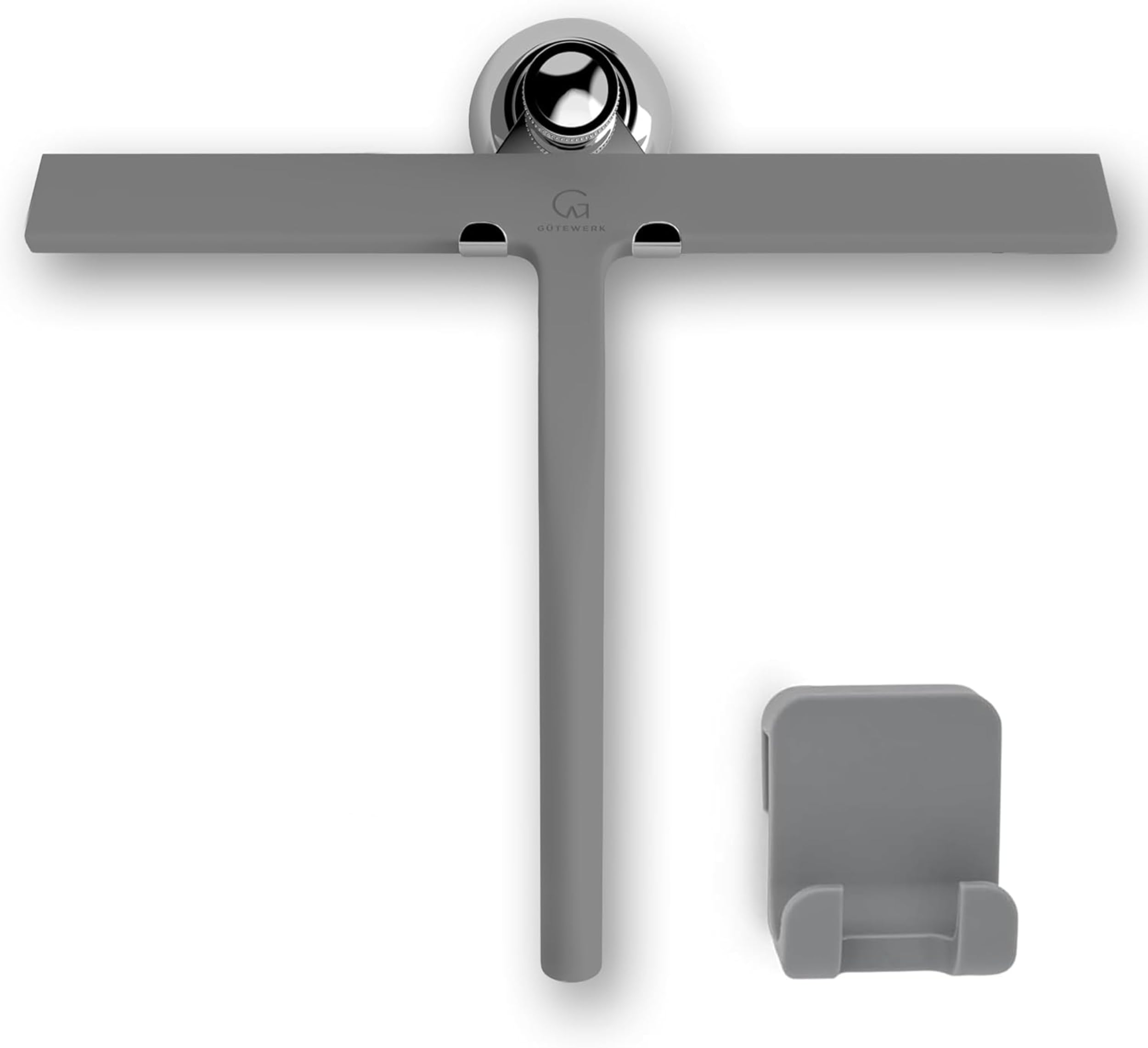 GÜTEWERK Silicone Shower Squeegee for Glass Doors & Mirrors with Stainless Steel Core, Streak-Free & No-Squeak Window Cleaning, 3-in-1 No-Drill Mount (Hook/Suction/Adhesive), Gray, 28cm