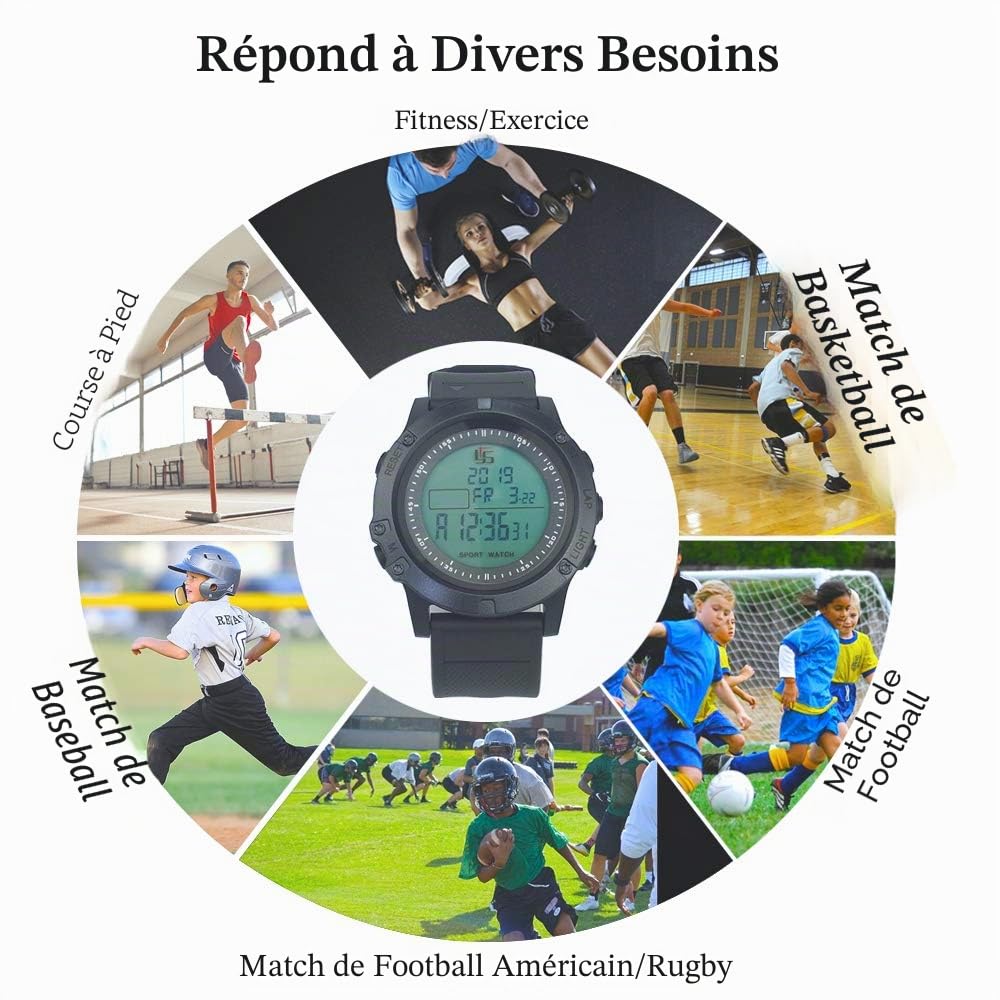 Montre d'arbitre de football professionnel – Chronomètre mémoire à 100 tours avec compte à rebours et mode silencieux, affichage rétroéclairé à 3 lignes pour entraîneurs de football, horloge 12/24