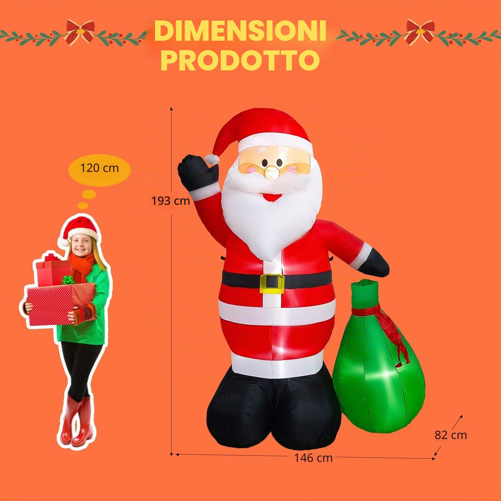 6FT (180CM) Gonfiabili di Natale Babbo Natale con Sacchetto Regalo, Babbo Natale Gonfiabile Integrato 4 Luci LED Luminose per Decorazioni Gonfiabili per Esterni da Giardino di Natale