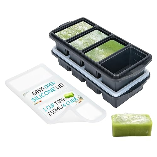 XOMOO Silicone Freezer Tray With Lid - Soup Freezer Container molds - Large Ice Cube Tray- makes 8 perfect 1 cup portions cubes, 2-Pack Freezer Storage Food Soups & Meal Prep - Oven & Dishwasher -Safe - 1-cup,Grey