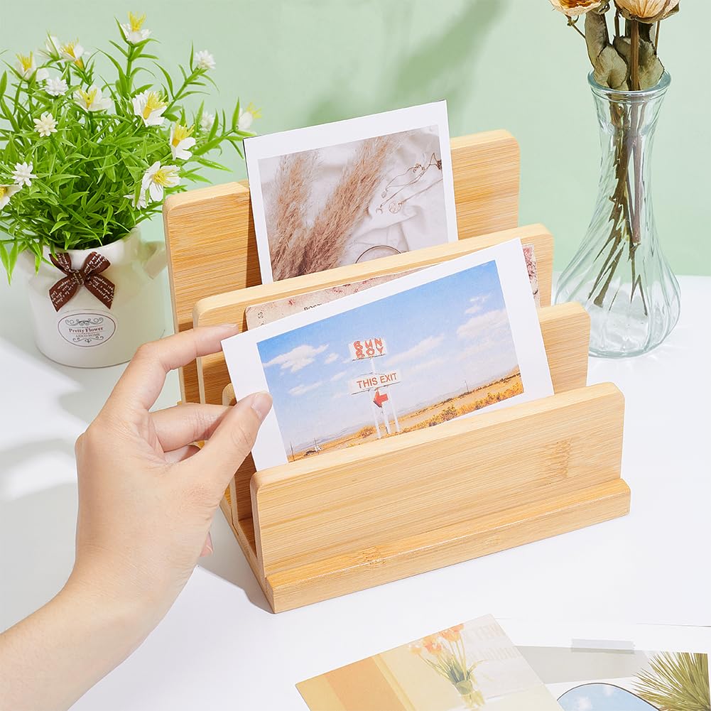 FINGERINSPIRE Soporte para tarjetas postales de madera de bambú, 4 pisos, marrón arena, organizador de folletos