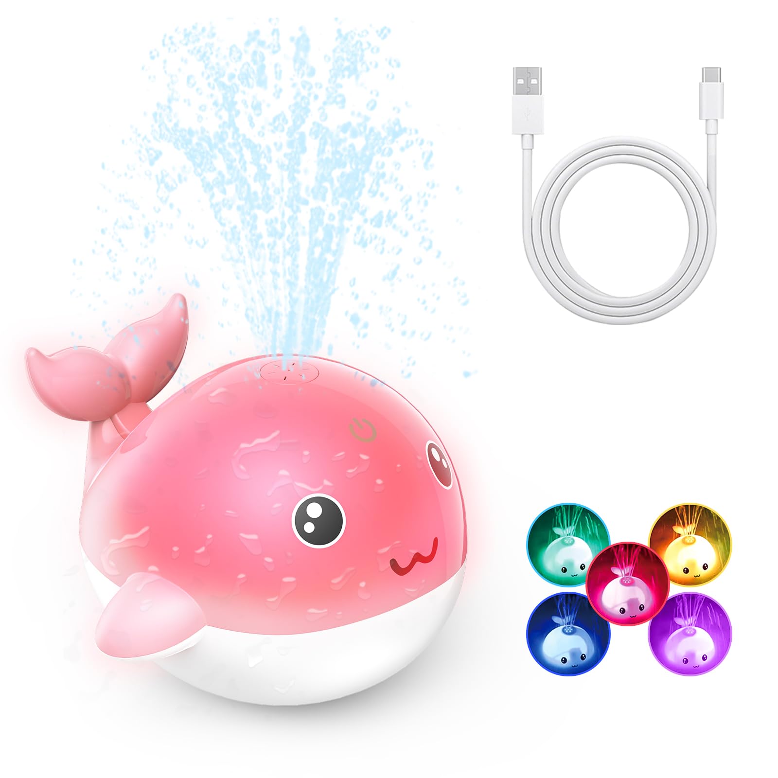PHNIXGAM Juguete de baño para bebé, Recargable con luz, Ballena, aspersor, bañera, Piscina, Fuente de Agua, Juguete para niños pequeños (Rosa)