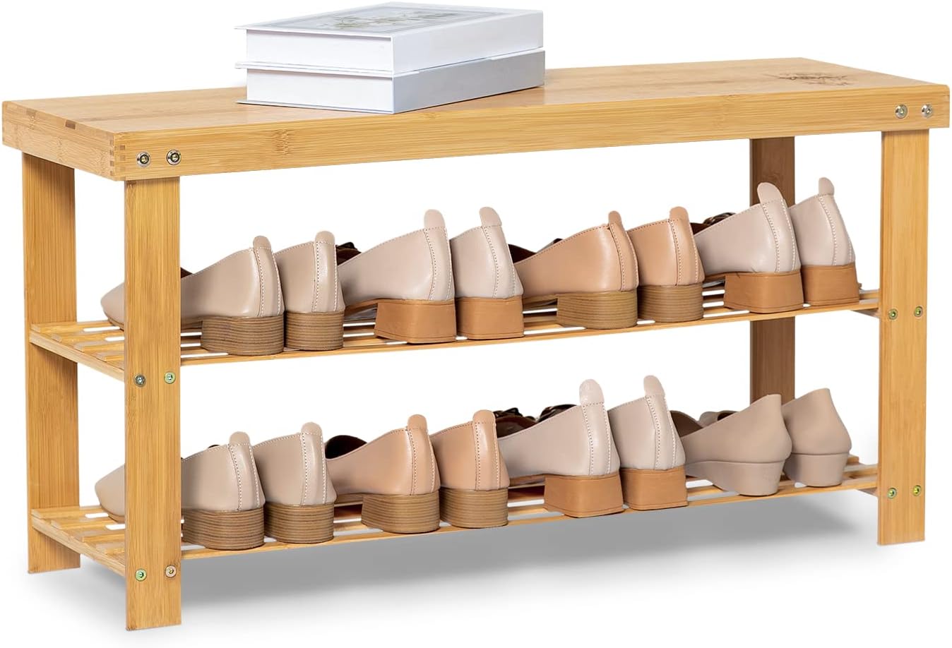 3 Tier Bamboo Shoe Bench, Entryway Shoe Rack Organizer, Bamboo Bench with Shelves Flower Stand for Bedroom Living Room Kitchen Hallway, 33.8" L X 11.2" W X 17.7" H, Natural