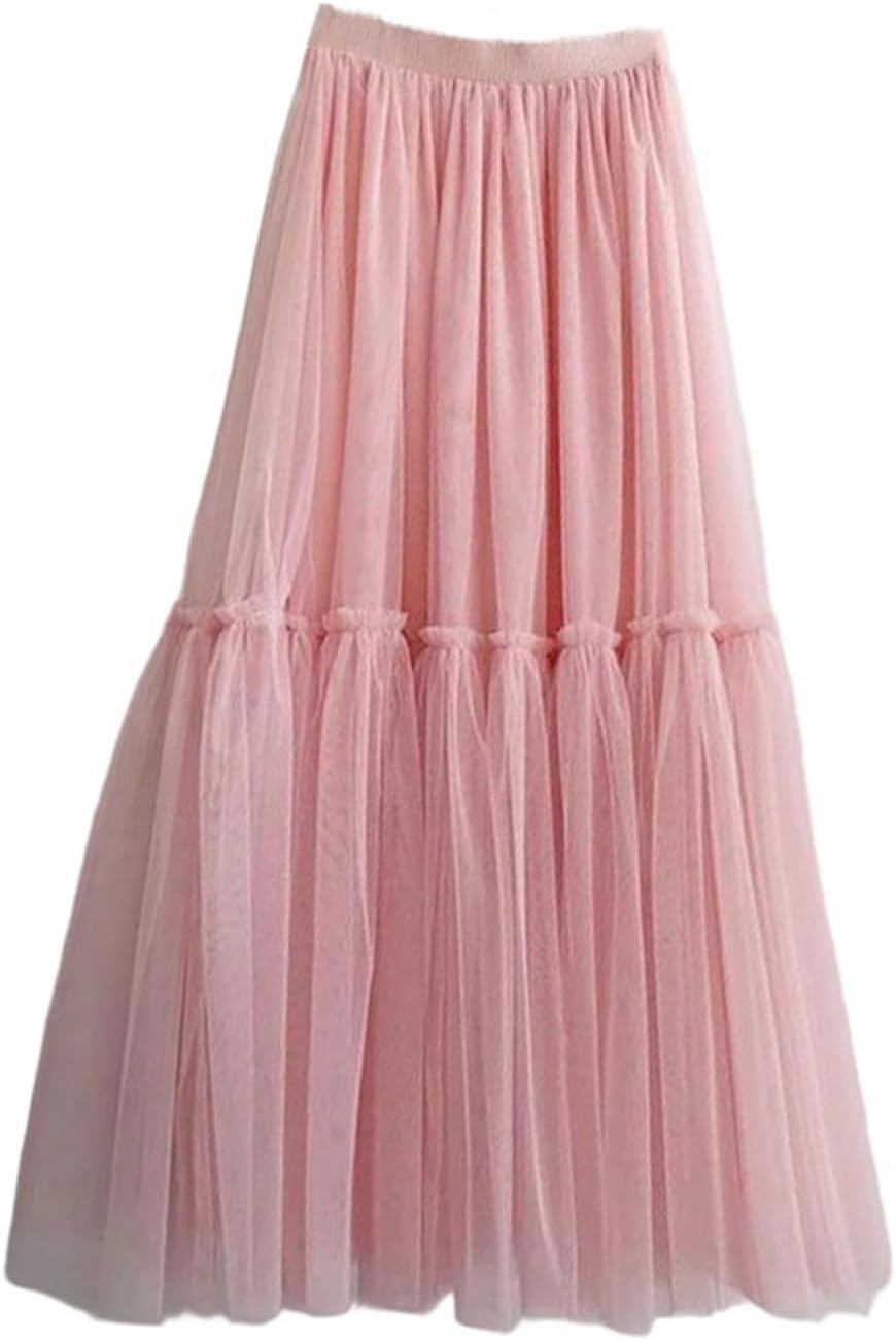 Women's A Line Long Skirt with Mesh Patchwork and Elastic Waist for Office Lady Attire and High Waist Look