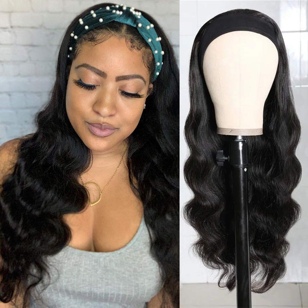 Body Wave Human Hair Headband Wigs None Lace Front Headband Wigs Human Hair for Black Women Brazilian Remy Human Hair Headband Wigs Half Wig for Beginners Natural Black (24 inches)