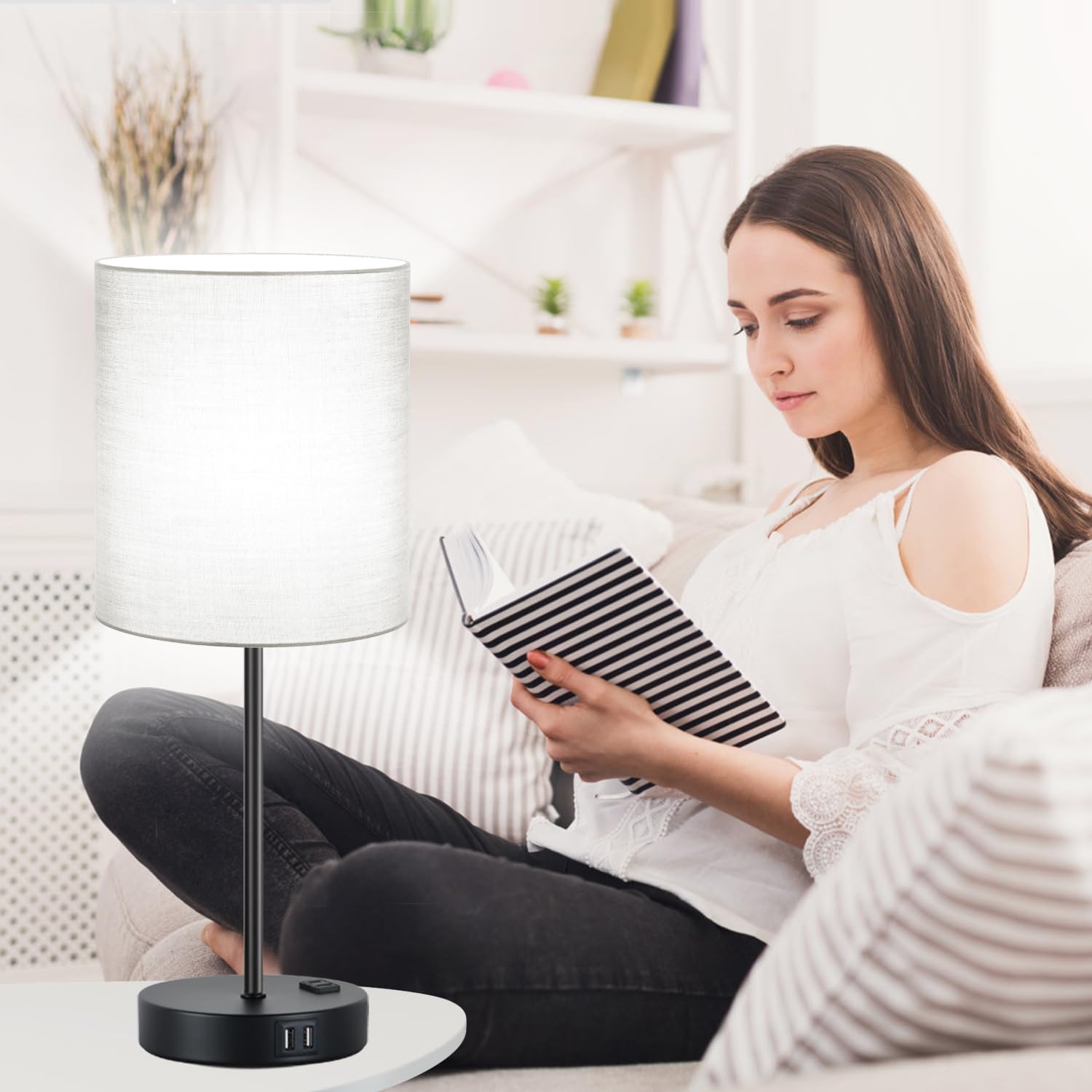Lynnoland 2er Set Touch Control Tischlampen mit 2 USB- & AC-Steckdose, 3-fach dimmbare Nachttischlampen für Schlafzimmer Wohnzimmer Kinderzimmer, 800 Lumen, 5000 K Tageslichtlampen enthalten