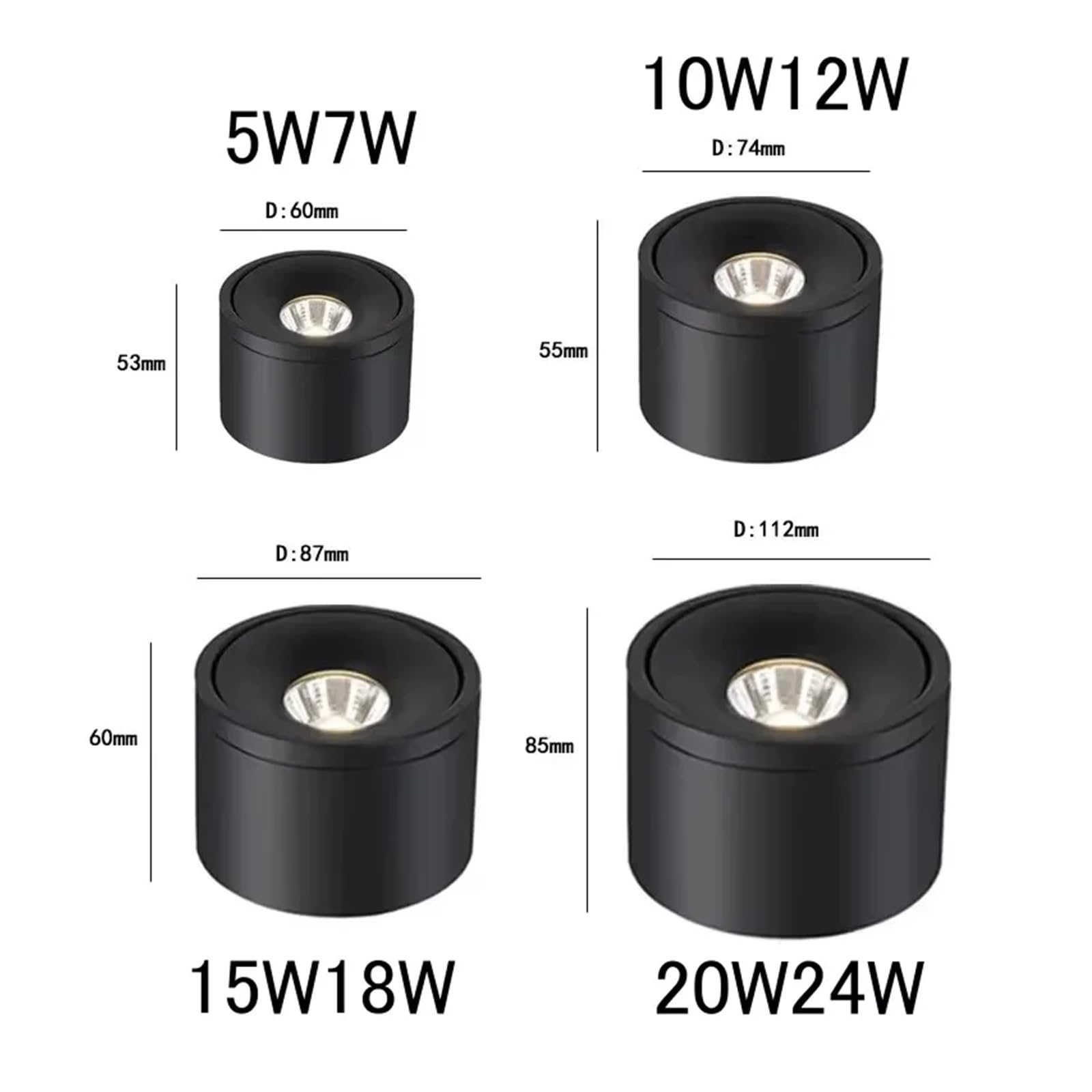 Ściemnialna lampa sufitowa LED montowana na powierzchni 7W15W18W24W, czarna, sufitowa lampa COB, obracane tło, światło punktowe do domu Koncert i wesele(Nero,Warm,12W Dimmable D74MM)