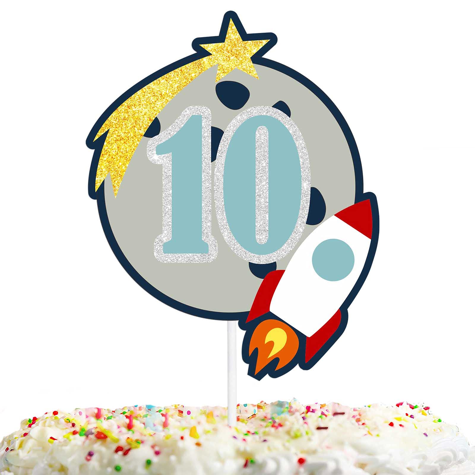 Space Cake Topper Pick For Baby Boys Girls 10th Happy Birthday Outer Space Astronauts Theme Party Supplies Decorations Rocket Planet Cake Decor Glitter Cheer to 10 Years Old