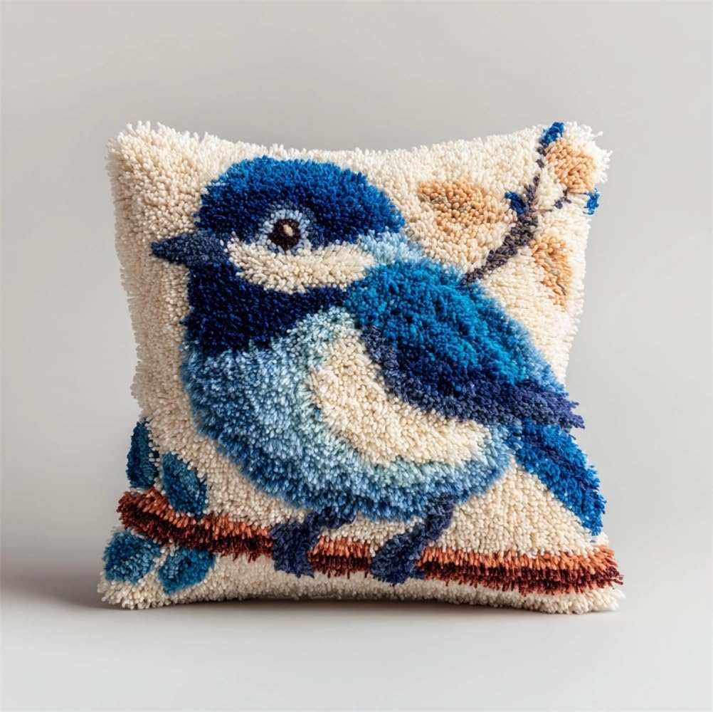 kitphoenix Latch Hook Cushion Kit -Little Blue Bird 17X17Inch, DIY Needlework Pillow Cover Cushion Rug Making Kit for Adults