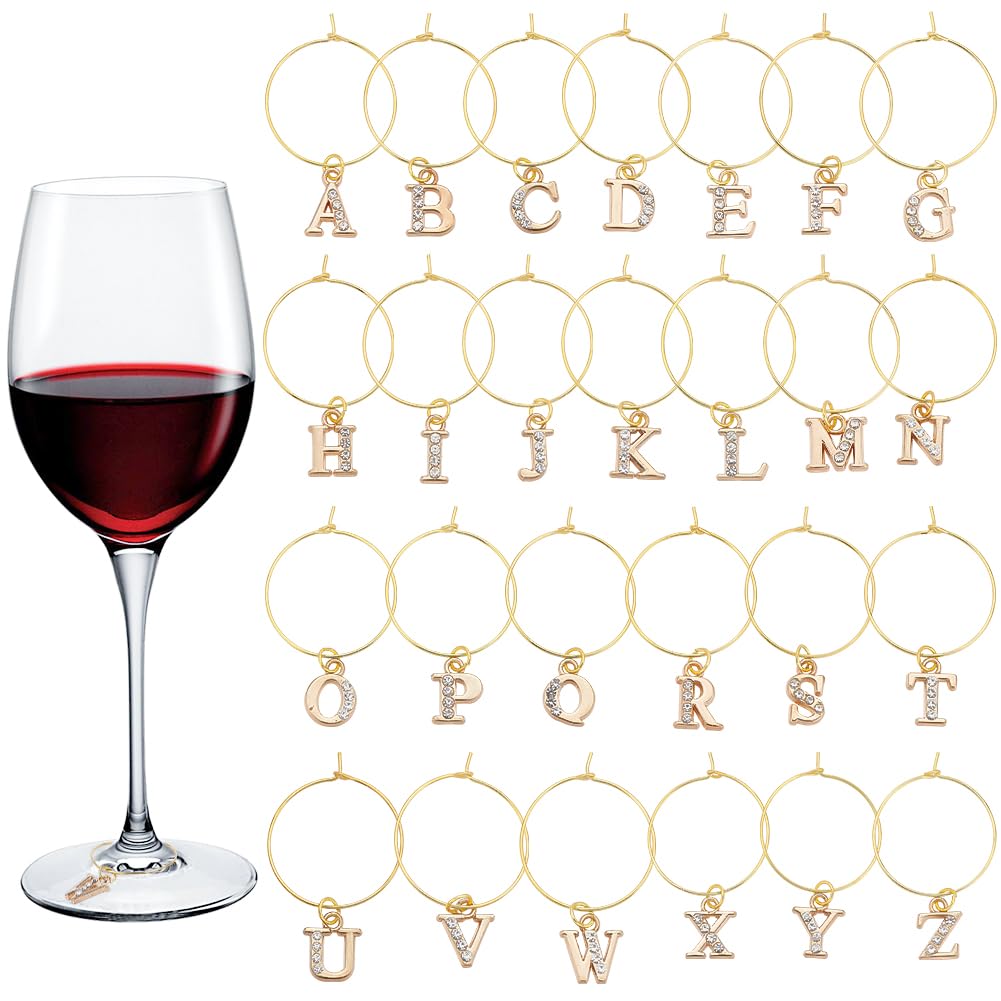 FREEBLOSS 26 Pcs DIY Wine Glass Charms Set Rhinestone Wine Glass Charms Letters Wine Glass Markers Drink Markers Wine Charm Rings Wine Themed Party Decorations for Wedding Holiday Birthday