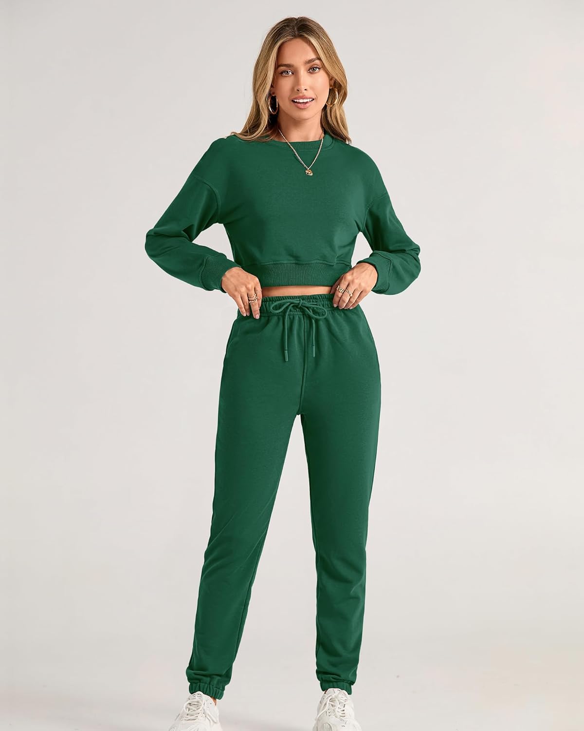 BTFBM Women 2 Piece Outfits Long Sleeve Crop Top Pullover Drawstring Pant Jogger Set Casual Sweatsuits Tracksuit Pockets - Image 3