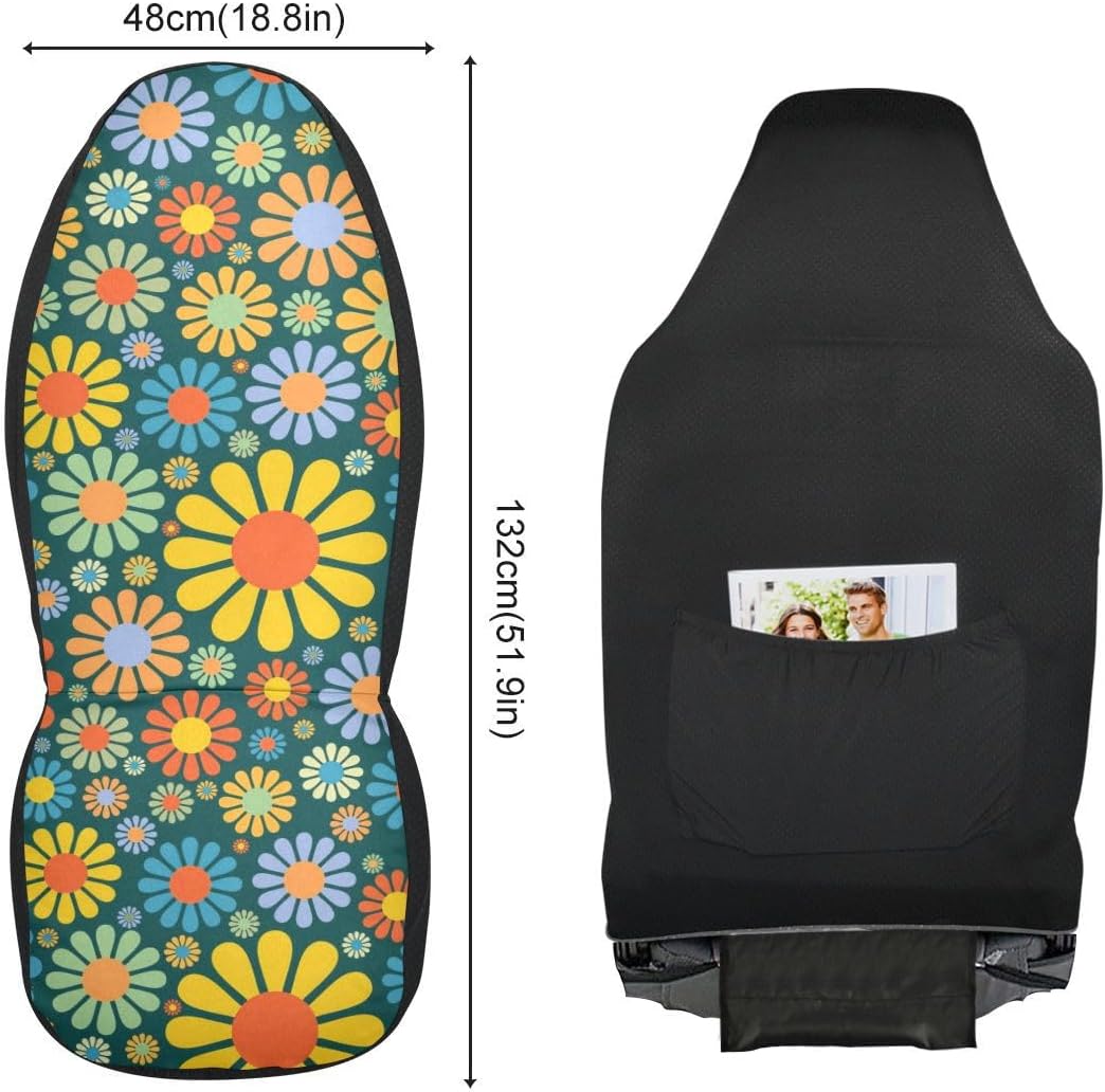 Colorful Hippie Flower Car Seat Covers Set of 2,Abstract Tropical Floral Pattern Cute Flowers Universal Auto Front Seat Cushion Protector for Women Decorative Car Accessories for Car Truck