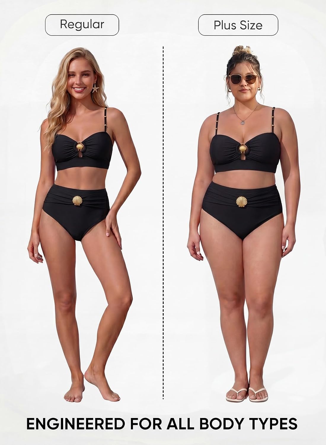 Herseas Women 2 Piece Bikini Sets Seashell Ring Swimsuit High Waisted Cutout 2026 Beach Summer Swim Bathing Suits