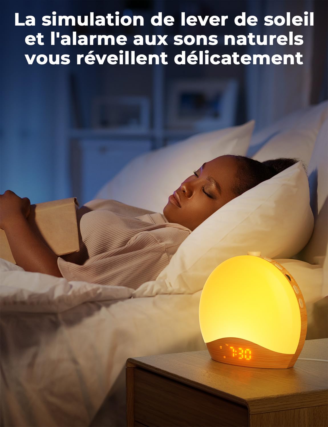 LIORQUE Radio Réveil Lumineux avec Eveil Lumière, Reveil Simulateur d'Aube sur Lampe de Chevet LED, Fonction Bluetooth, 20 Niveaux de Luminosité, 22 Sons, 2 Alarmes, Mode Week-End